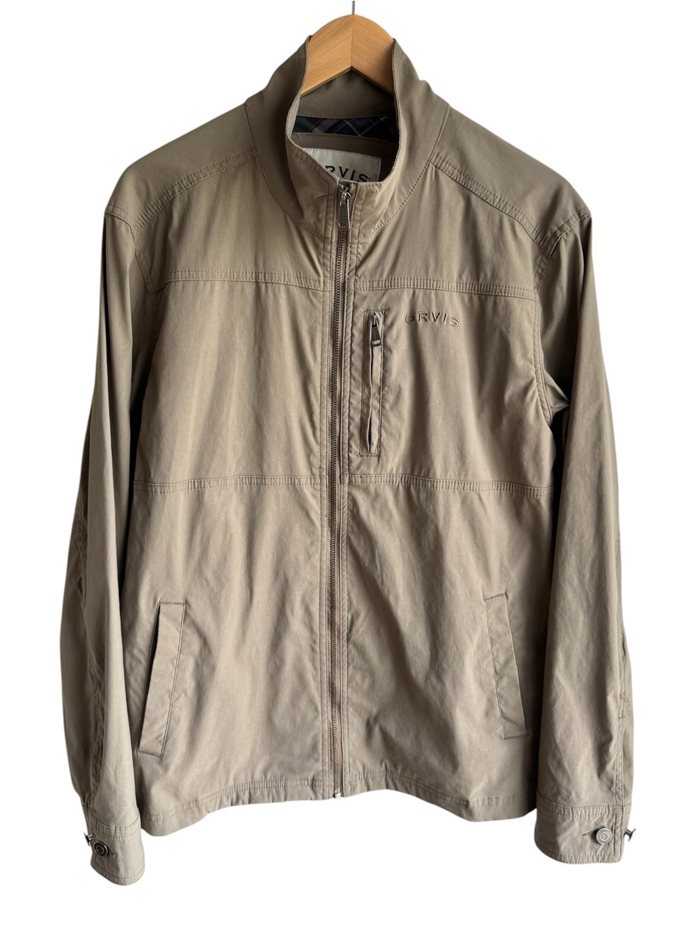 Orvis Water Resistant Stretch Jacket Mens M Khaki Beige Outdoors Neutral Coat